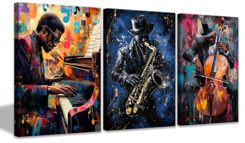 CCWACPP 3 teilige schwarze Musik Wanddekoration afroamerikanische Musik Wandbilder Jazz Club Leinwandgemälde Drucke Musikthema Dekoration für Zimmer Bar Kneipe mit Rahmen (50x70cmx3)