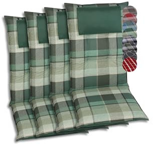 GO-DE Textil Bequeme und attraktive Polsterauflagen für Hochlehner-Gartenstühle (4er-Set, Karo Grün-Grau, Hochlehner)