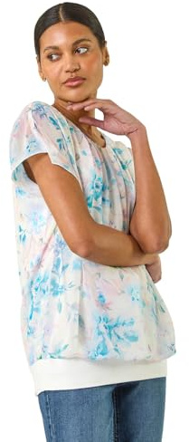Roman Chiffon Overlay Top with Necklace for Women UK Ladies Smart Evening Blouse Fitted Stretchy Going Out Elegant Sparkly Party 3/4 Length Sleeve V-Neck Silk - Blue - Size 12