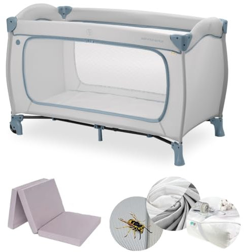hauck Kinderreisebett Sleep N Play Go Plus XXL-Set – inkl. Matratze, Spannbettlaken, Insektenschutz & wasserdichter Betteinlage – faltbares Babyreisebett – Dusty Blue