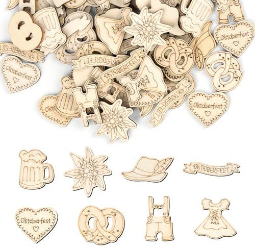 Leikedun 150 Stück Oktoberfest Deko Streudeko - Bayerische Holzkonfetti mit Motiven (Lederhose, Dirndl, Bierkrug, Edelweiss) für Tischdeko, Wiesn, Party, Geburtstag