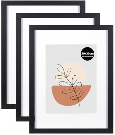 KAIWIN 3 Pack Bilderrahmen 20x30 cm, Schwarz Rahmen 20x30cm-mit Passepartout 15x20cm, Holz Fotorahmen mit Acrylglas zum aufhängen und aufstellen, Für Fotos, Poster, Puzzles| Posterrahmen
