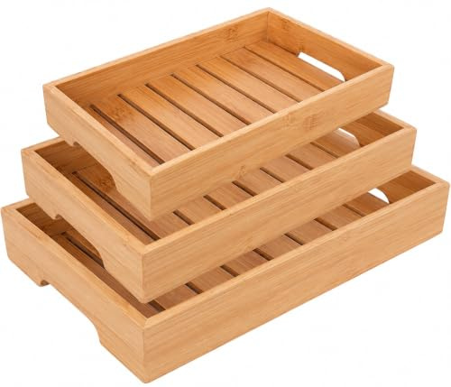 LIN HOME Set de 3 Bandejas de Bambú con Asas Ocultas, Organizadores Multiusos para Cocina, Comedor y Salón, Medidas: 38x26, 35x23, 32x20 cm, 5 cm de Alto,XZ-22115-1