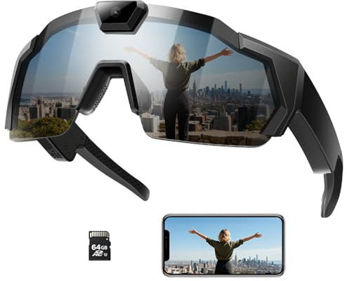 ZEYEHU Gafas de cámara inteligente para deportes de acción, gafas de grabación de video HD con memoria de 64 GB, gafas de sol de cámara de audio de acción para hombres y mujeres al aire libre (negro)