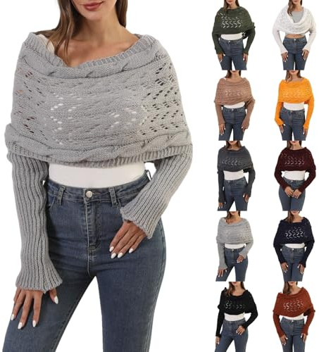 Cowyams Schal mit Ärmeln Damen Multifunktionaler Strickschal Elegant Boho Schal Hollow Schultertuch Wrap Langarm Sweater Wrap Herbst Winter Wickelschal
