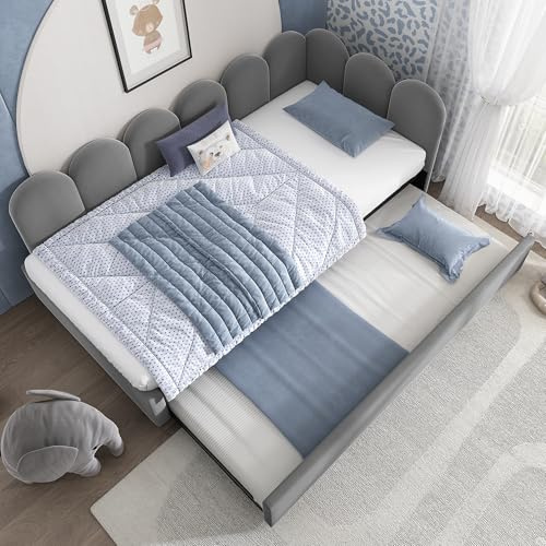 ModernLuxe Stylish 3FT Single Bed Frame, Elegant Upholstered Day Bed with Convenient Pull-Out Trundle, Perfect for Adults and Children, Sturdy Metal Slatted Frame, No Mattress, Velvet, Grey, 90x190cm