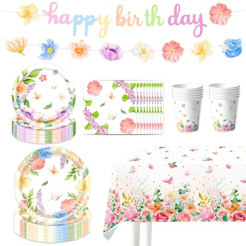 Ntwdby 67 Stück Schmetterling Partygeschirr Set, Schmetterling Geburtstag Deko, Schmetterlinge Partygeschirr Partyzubehörset, Blumen Partygeschirr Set, für Party Kindergeburtstag Deko