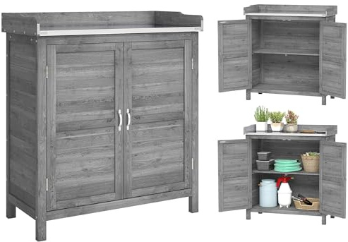 Outsunny Gartenschrank mit Pflanztisch Wetterfest 83 x 40 x 92cm Grau | Holz Geräteschuppen mit Verzinkter Arbeitsplatte, Wetterfest Geräteschrank, Werkzeugschrank Gartenschuppen