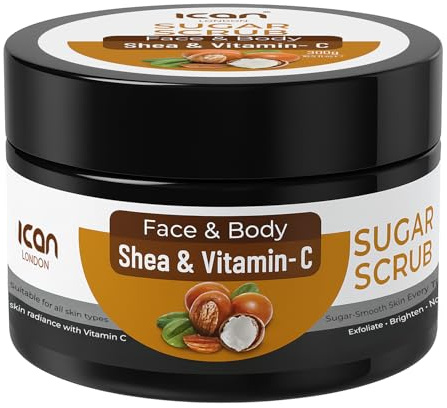 ican London Shea Butter & Vitamin C Sugar Scrub, 300ml, Exfoliating, Brightening & Nourishing Body Scrub