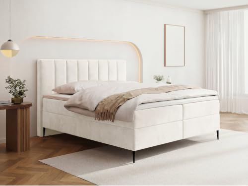 WFL GROUP Boxspringbett mit Bettkasten – Polsterbett 160 x 200 cm mit H4 Taschenfederkern 7-Zonen Matratze & 5 cm Topper – Stauraumbett mit hohem Kopfteil & Metallfüße – Samt Velours Creme