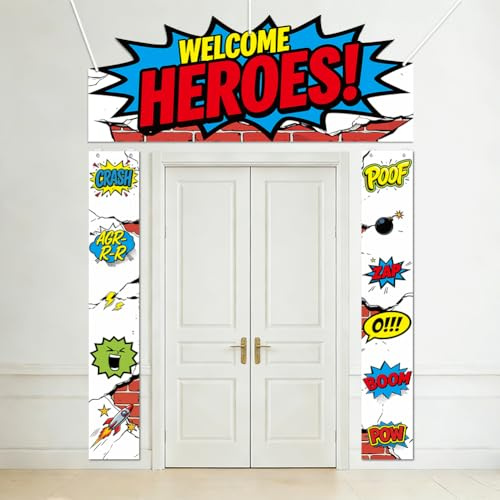 SUPERDANT 3 Stück Willkommens Helden Veranda Banner Cartoon Stoffzeichen Wiederverwendbares Comic Held Türbanner Für Themenparty Fotohintergrund Haken Und Seil Enthalten 180x30cm