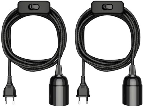ledscom.de 2 pezzi cavo tessile LEHA, spina, interruttore, nero, 3 m, presa lampada, 1x E27 max. 60W