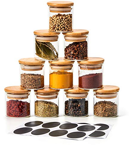 EZOWare Lot de 10 Pot a Epices en Verre 70ml, Petits Bocaux Hermétique avec Couvercle en Bambou de Rangement