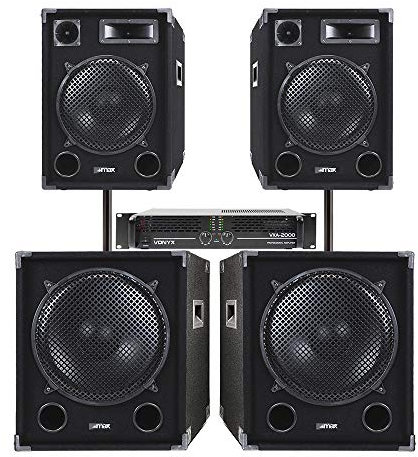MAX SPVXA-2000 12 Passive PA System with DJ Speakers, Subwoofers and Stereo Amplifier, Professional Passive DJ Speakers Kit, PA Speakers and Amp for Live Events & Performances