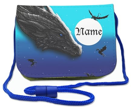 Kinder Brustbeutel mit Name und Schriftartwahl | Klettverschluss mit Schnur zum Umängen und Klarsichtfach | Geldbeutel personalisiert | 3 Farben (Drachenland)