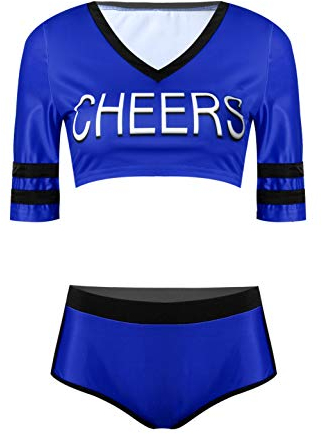 FEESHOW Damen Cheerleading Uniform Cheer Leader Kostüm Cosplay Bauchfrei Crop Top Kurzarm Shirt Und Hotpants Höschen Karneval Fasching Party Tanz Kostüme Königsblau M