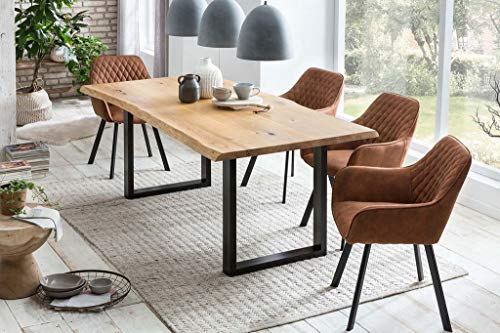 Froschkönig24 Esszimmer Essgruppe mit 4 Stühlen Esstisch Komplettset echter Baumkante Eiche Schwarz, Maße Tischplatte:200 x 100 cm