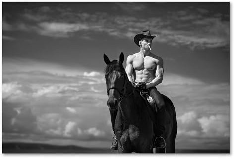 Postereck - 0903 - Sexy Cowboy, Pferd Reiten Tier Mann Sixpack - Erotisch Sexy Nackt Wandposter Fotoposter Bilder Wandbild Wandbilder - Leinwand - 60,0 cm x 40,0 cm