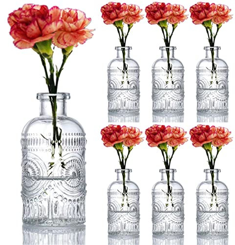 Lot de 6 Petit Vase à Fleurs en Verre, Mini Vase decoratif Design Transparent, Décoration pour Centre de Table Mariage champetre Boheme, Bapteme, Anniversaire, Cadeau fête des mères