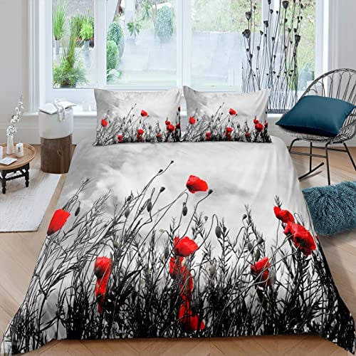 LUYAPOND Bettwäsche 140x200 Mohn Bettwäsche Set, Mikrofaser Bettbezüge, 1 Bettbezug mit Reißverschluss + 1 Kissenbezug 80x80 cm