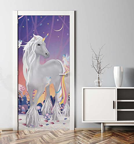 MyMaxxi - Tür bekleben mit Türtapete Türposter Türfolie Selbstklebend 90x200 Einhörner im Zauberwald - Tür verschönern Türaufkleber Türklebefolie Malerei Waldtiere Fee Blumen rosa
