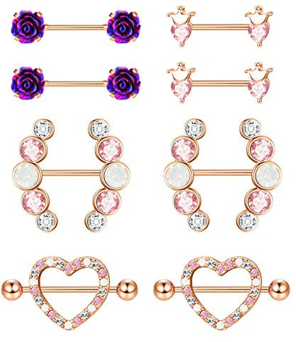 Kakonia 14G Nippelpiercing für Frauen Brustwarzenpiercing 316L Edelstahl CZ Strass Rose Blume Herz Nippelringe Nipple Piercing Barbell Schmuck
