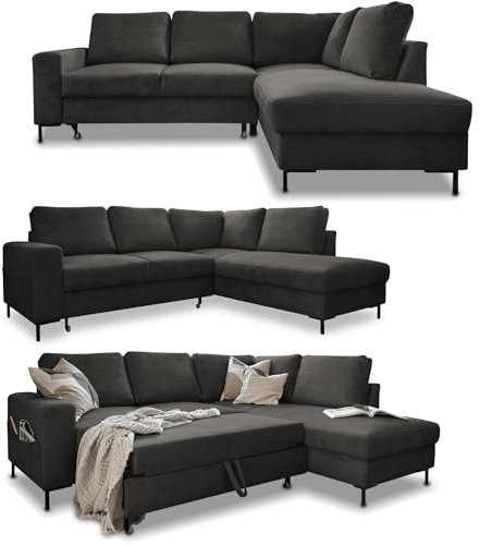 MIUFORM Ecksofa mit Schlaffunktion, Lofty Lilly Wohnlandschaft L-Form, Couch L Form Wohnladschaft mit Schlaffunktion Schlafcouch, Sofa Cord Metallfüße (Grau, Rechts ausgerichtet)