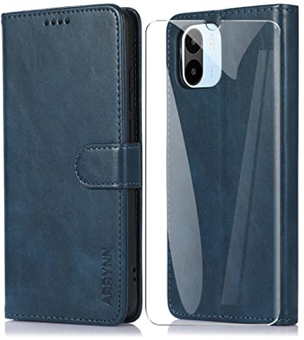 ARRYNN Funda Xiaomi Redmi A1 / Redmi A2 4G (6.52) con Cristal Templado Protector de Pantalla,Premium PU Funda de Cuero Cover - Azul
