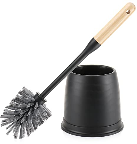 com-four® Toilettenbürste mit Halterung - WC-Bürste mit Standhalter - Badgarnitur für die Toilette - Toilettenbürste mit Bambusgriff (1 Stück - schwarz/grau/Natur)