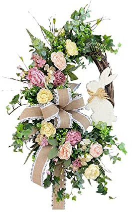 Corona pasquale con coniglietti pasquali, corona primaverile, ghirlanda pasquale, decorazione per porta, corona di primavera, ghirlanda frontale della porta, mini finestra luminosa