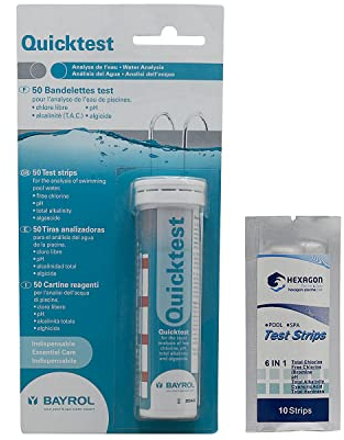 BAYROL QUICKTEST pH/CI/TAC et algicide - Testeur de pH, Chlore, Alcalinité et Algicide (tube de 50) | Bandelettes d'Analyse de l'Eau + 10 Tests HPS OFFERTS 6 en 1