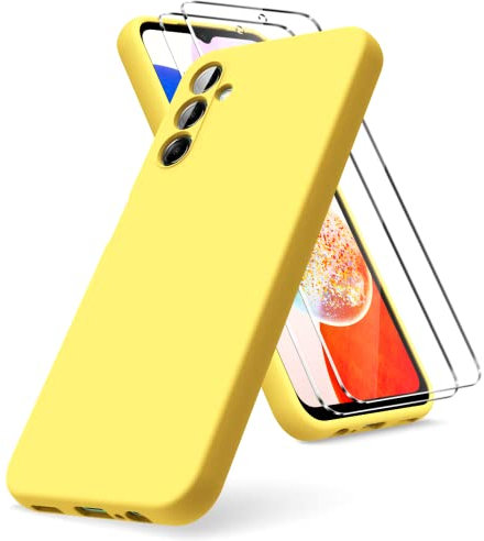 Vansdon - Carcasa Compatible con Samsung Galaxy A14 4G/5G, 2 Protectores de Cristal Templado, Funda Blanda de TPU de Silicona líquida, Funda de Goma a Prueba de Golpes, Color Amarillo