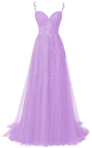 HYEC7 Women's Spaghetti Strap Prom Dress A Line Lace Applique Evening Dresses Sweetheart Ball Dress Lilac