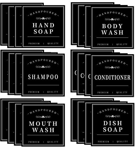 HVSWLY Waterproof Soap Labels for Bottles, Mouthwash Dispenser Label for Bathroom, Removable Self-Adhesive Stickers for Hand Soap, Dish Soap, Shampoo, Conditioner, Body Wash (24PCS,Black)