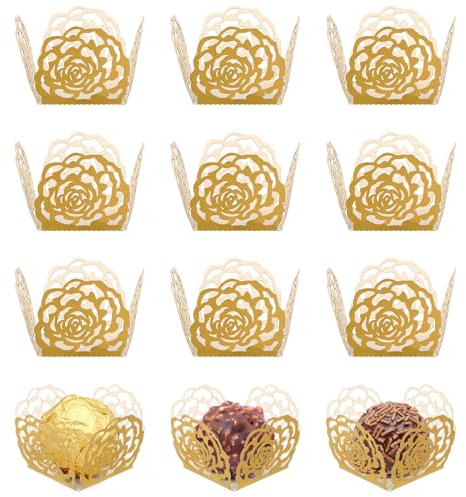 jojofuny 50 Piezas De Papel De Envoltorios De Trufas con DiseñO Hueco para DecoracióN De Bodas Y Fiestas Tazas De Dulces En Color Dorado Ideal para Postres Y Snacks