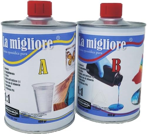 PROCHIMA La Migliore, Resina Epossidica Trasparente A + B 1:1, Crea un Effetto Plexyglass che non Ingiallisce, Atossica, Colorabile, Facile da Utilizzare, Cetificata Pn1, 800 GR