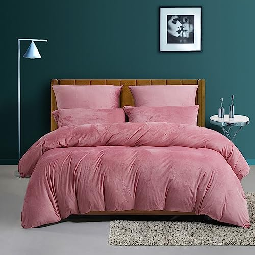 Luowei Warme Bettwäsche 135x200cm Rosa Fleece Plüsch Flauschig Bettbezug Set Winterbettwäsche Fleece Warme Bettwäscheset und Kopfkissenbezug 80x80 cm mit Reißverschluss