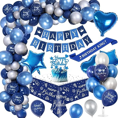 Geburtstagdeko Män Junge, Blau Silber Luftballons Arch Kit mit Happy Birthday Banner, Cake Topper, Tischdecke, Folie Ballon, birthday Sash,Chrom Blau Silber Luftballons Geburtstag Deko