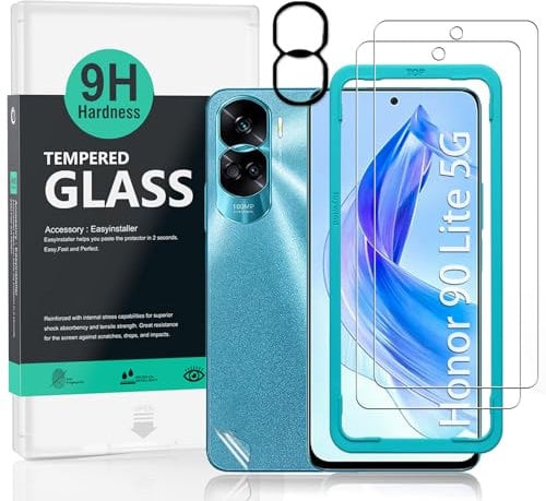Ibywind Protector de pantalla para Honor 90 Lite 5G(6.7 pulgadas),con 2 piezas de Cristal Templado,1 pieza de protector de lente de cámara,1 pieza de película de fibra de carbono trasera