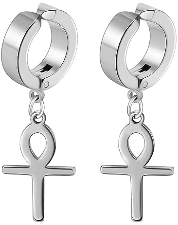 Flongo Creolen Ohrklemme mit Ankh Ägyptischen Kreuz Anhänger silber Ohrringe Ohne Loch edelstahl Baumeln non-piercing ohrklipp ear clips earrings für Damen Herren mädchen
