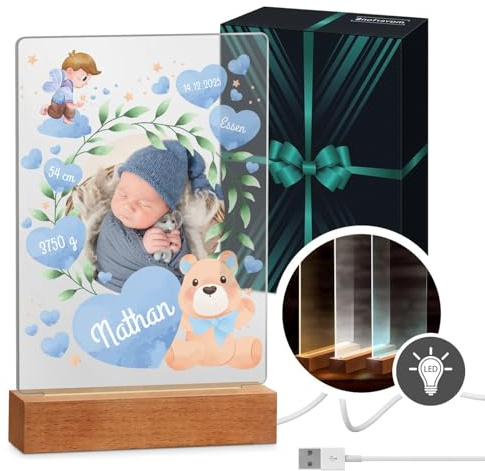 Maverton beleuchteter LED-Fotoaufsteller, Glasbild mit LED-Beleuchtung | Personalisiertes Acryl Glasbild mit LED-Beleuchtung auf dem Holzständer für Mädchen und Jungen, Größe: 15x24x4,5cm