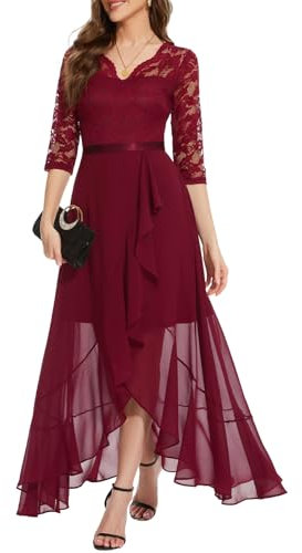 Bbonlinedress Abendkleider Langarm elegant Damen Spitze Chiffon V-Ausschnitt Brautjunferkleid Party Abschlusskleid festliches Ballkleid Dark Red M