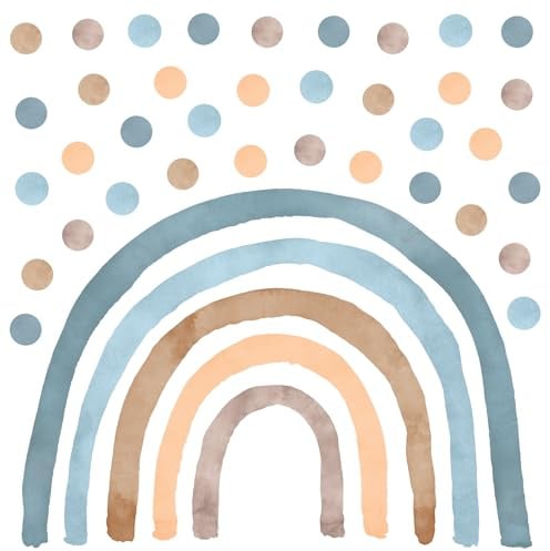 Wandtattoo Kinderzimmer Regenbogen - Boho mit 50 Punkten - Blau (XL - 92,6 cm x 130 cm) Kinderzimmer Mädchen - Wanddeko, Wandsticker Punkte, Kreise - Regenbogenblau/Retro XL+50 Stück Punkte/Polka Dots