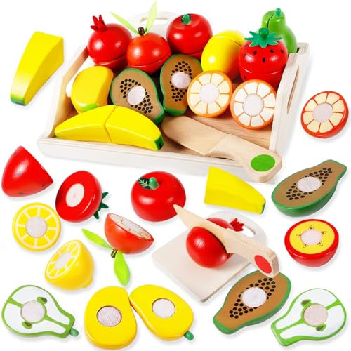 AQXONG 14 Piezas Juguetes de Cocina y Frutas de Madera, Educativos para Reconocimiento de Color, Niños y Niñas de 3 Años en Adelante