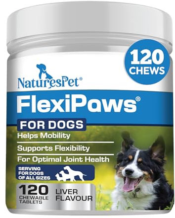NATURES PET- FLEXIPAWS – Joint Supplement for Adult Dogs (120 Chewable Tablets) | Glucosamine, Chondroitin & Green Lipped Mussel for Mobility, hip & joint care for dogs | Liver Flavour