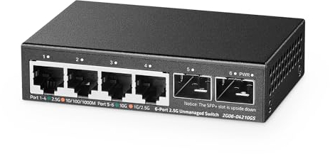 Binardat Switch a 4 porte 2.5G con SFP 2x10G, porte Ethernet 4x2.5 Gigabit, dimensioni ultra-mini, supporto Vlan, commutatore di rete multi-gigabit non gestito in metallo/montaggio a parete