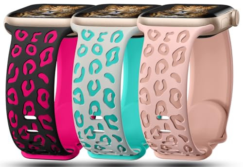 Sportarmband BKHP-GRTL-PK mit Leopardenmuster-Gravur, für Damen, 41 mm, 40 mm, 38 mm, weiches Silikon, kompatibel mit Apple iWatch Serie 10, 9, 8, 7, 6, 5, 4, 3, 2, 1 Ultra, 3 Stück