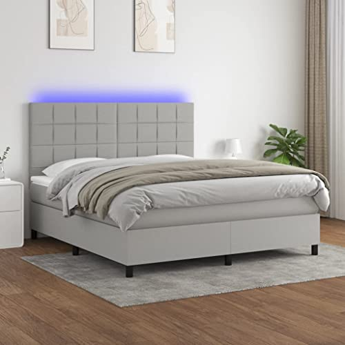 Festnight Bettrahmen Boxspringbett 160x200 mit Matratze LED Doppelbett Polsterbett Bett mit Verstellbar Kopfteil Bettrahmen Boxspringbetten Stoff Schlafzimmer Bettgestell mit Lattenroste Hellgrau