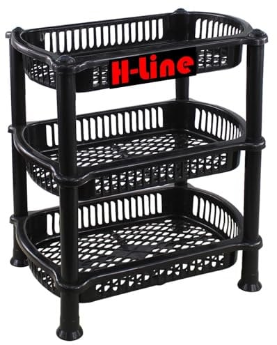 H-LINE 3 Tier Black Plastic Storage Shelf Shelves Basket Veg Fruit Rack Caddy Home Kitchen Bathroom Office