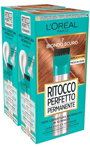 L'OREAL PARIS L'Oréal Paris Retuschieren Perfekte permanente Haarfarbe zur Abdeckung des Haarwachstums mit Präzisionsapplikator und Kamm, Farbe 7 Dunkelblond – 2 Behandlungen